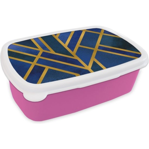 Broodtrommel Roze - Lunchbox - Brooddoos - Goud - Blauw - Patroon - 18x12x6 cm - Kinderen - Meisje