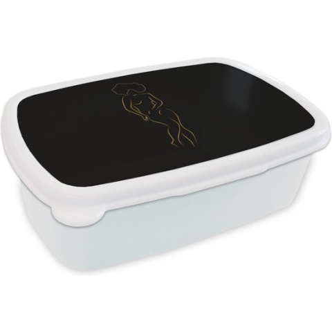 Broodtrommel Wit - Lunchbox - Brooddoos - Vrouw - Zwart - Goud - Line art - 18x12x6 cm - Volwassenen