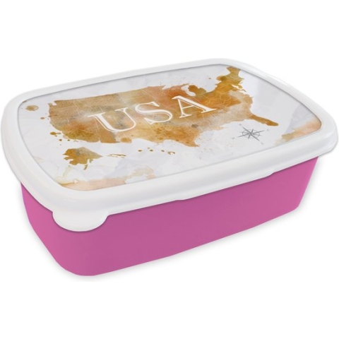 Broodtrommel Roze - Lunchbox - Brooddoos - Verenigde Staten - Wereldkaart - Olieverf - 18x12x6 cm - Kinderen - Meisje