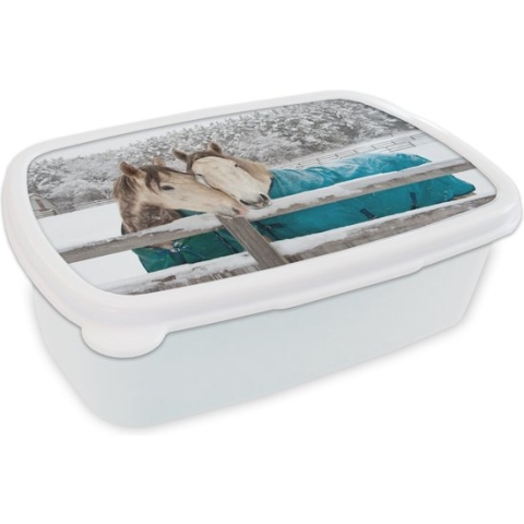 Broodtrommel Wit - Lunchbox - Brooddoos - Paarden - Deken - Sneeuw - 18x12x6 cm - Volwassenen