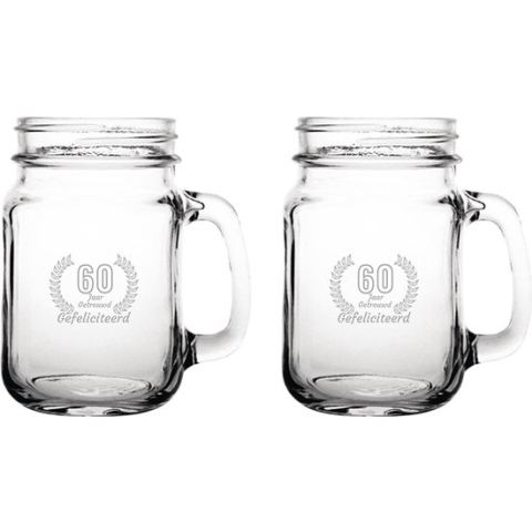 Gegraveerde set Drinkglazen 45cl met schroefdeksel Gefeliciteerd 60 jaar getrouwd