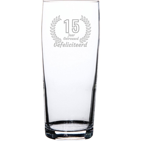 Gegraveerde bierfluitje 19cl Gefeliciteerd 15 jaar getrouwd