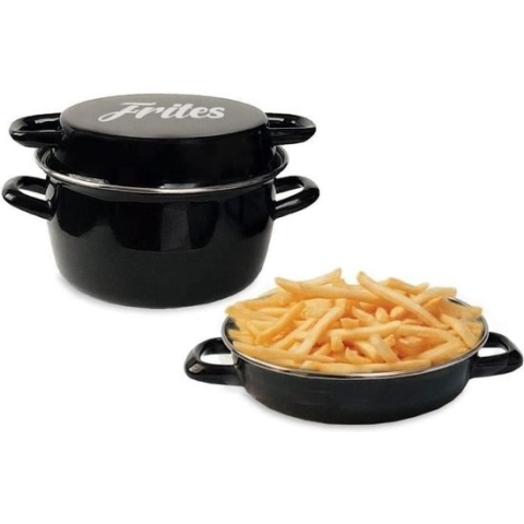 Geëmailleerde friteuse 26 cm zwart met mand en glazen deksel