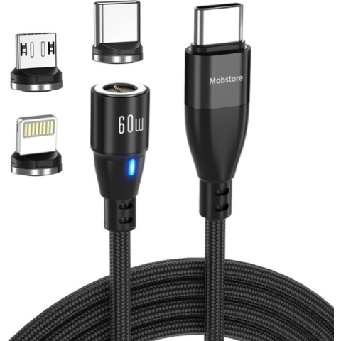 Mobstore Magnetische Oplaadkabel - 1 meter - Zwart - 3 in 1 - Snellader - 60W - USB-C - Data overdracht - Apple Lightning / USB-C / Micro USB kabel - Magneet Oplader - 3.0A Fast Charge Output - iPhone kabel - Samsung kabel - Werkt met Carplay
