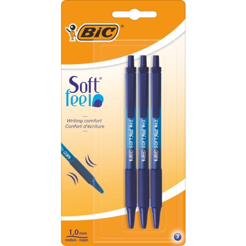 BIC Soft Feel Clic - Balpen - Blauw - 3 stuks - Medium punt 1 mm