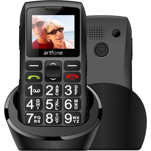 Artfone - C1+ - Senioren Mobiele Telefoon - SOS-functie - Grote knoppen - Valbescherming - Oplaadstation