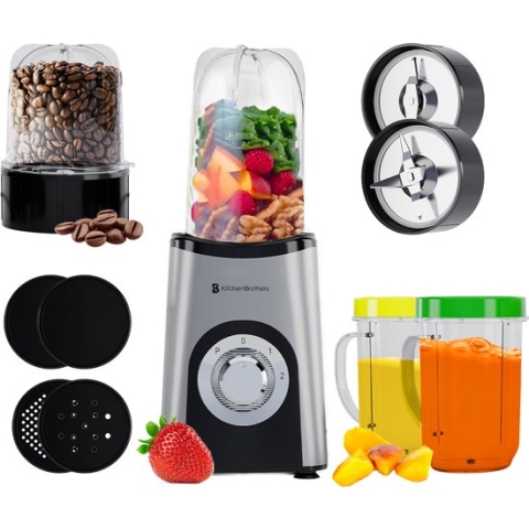 KitchenBrothers Smoothie Blender - 2-in-1 - 4 Bekers - Smoothie Maker To Go - Mini Blender - Zilver