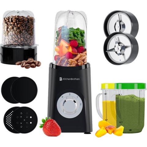 KitchenBrothers Smoothie Blender - 2-in-1 - 4 Bekers - Smoothie Maker To Go - Mini Blender - Zwart