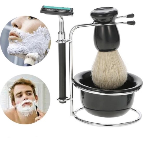 4-in-1 Heren Scheerset - scheerkwast- scheermes-RVS houder- cadeautip