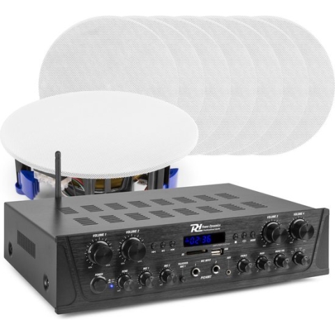Geluidsinstallatie met Bluetooth - Power Dynamics - PV240BT versterker met 8x NCSP5 plafond speaker