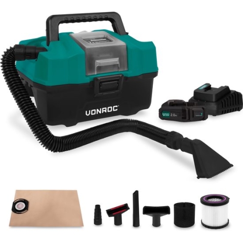 VONROC Compacte alleszuiger / stofzuiger - 20V - Incl. Diverse accessoires, 2x 2.0Ah accu en snellader