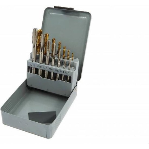 7-delige Tin gecoate Machinetapset M3-12 incl bijpassende boren
