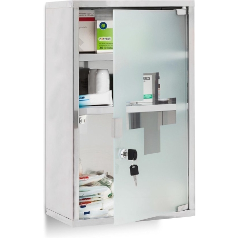 Relaxdays medicijnkastje XL - afsluitbaar - badkamer kast - edelstaal en glas