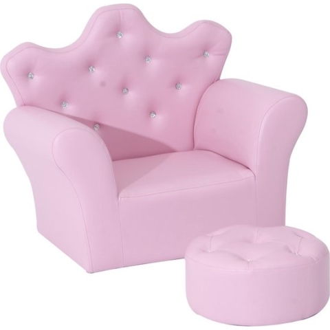 Kindersofa met kristallen knoppen en poef roze