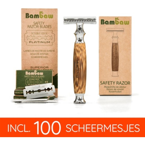 Pack Bamboe Safety Razor met 100 Scheermesjes | Klassiek Zilver | Houten Traditionele Scheermes | Duurzaam Geschenkset vrouwen en mannen  | Cadeau voor Feesten  |  100 Scheermesjes | Set Cadeau voor man | Bambaw
