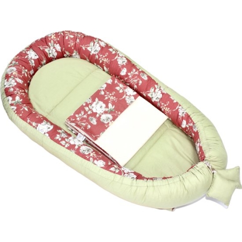Babynest Eliz Baby Dubbelzijdig 4-delig Olive-Terracotta Red Flowers Babynestje Kraamcadeau