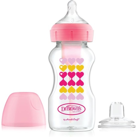 Dr. Brown’s Bottle to Sippy Starter Kit Babyfles - Brede halsfles - 270 ml - Roze