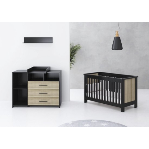 Cabino Babykamer Reno 2 delig  Babybed & Commode  Verstelbare bodem  Zwart /Eiken