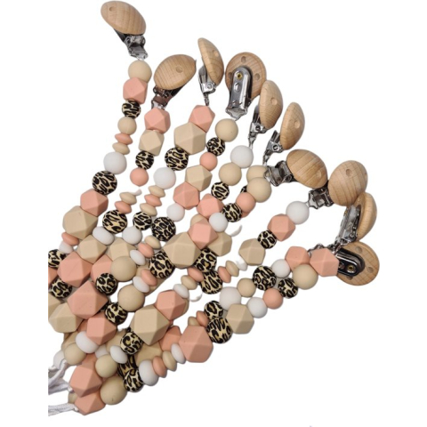 Speenkoord spenenketting silicone luipaardkraal en oud rose bijtkralen