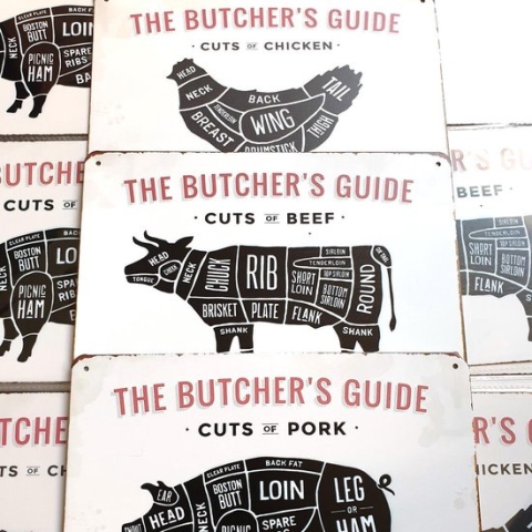 3x Butcher's guide | dé complete set | rund + kip + varken | metalen wandborden | bbq | 20 x 30cm | binnen en buiten