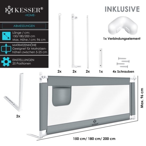 KESSER® bedhekje - Bedhek Kinderbedhek voor kinderen Baby bedhek Valbeveiligingsbed voor Bed & boxspring - 150cm, Lichtgrijs