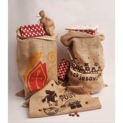 3x Jute Sinterklaas Zakken - Combinatie Set - 60 x 110 cm - Met Sinterklaas Opdruk