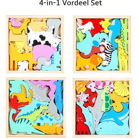 Houten Puzzel - 4-in-1 Set- Houten Speelgoed - 3D Puzzel - Kinderen - Voordeelset