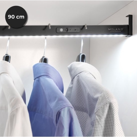 Milano Luxurious kledingstang met LED verlichting bewegingsmelder – kastroede met natuurlijk wit licht –  oplaadbare kledingroede met sensor en aan/uit schakelaar – 90 cm – zwart