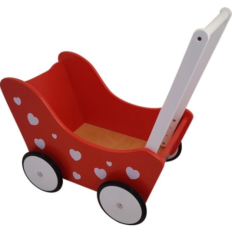 Playwood - Houten Poppenwagen rood met witte hartjes