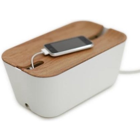 Bosign opbergbox | oplaadbox | kabelbox– medium – wit/houten deksel - 30 x 18 x 13.8 cm