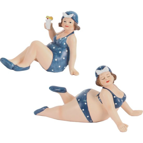 Woonkamer decoratie beeldjes 2 dikke dames - donkerblauw badpak - 17 cm