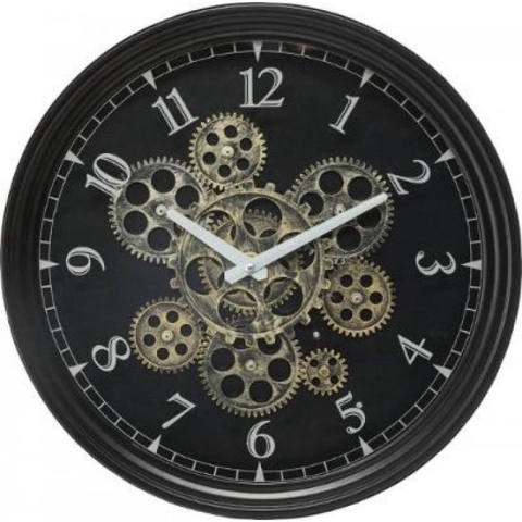 WANDKLOK METAAL MET DRAAIENDE TANDWIELEN  - ZWART - DIAMETER 37 CM