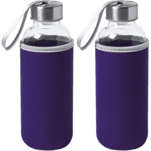 2x Stuks glazen waterfles/drinkfles met paarse softshell bescherm hoes 420 ml - Sportfles - Bidon