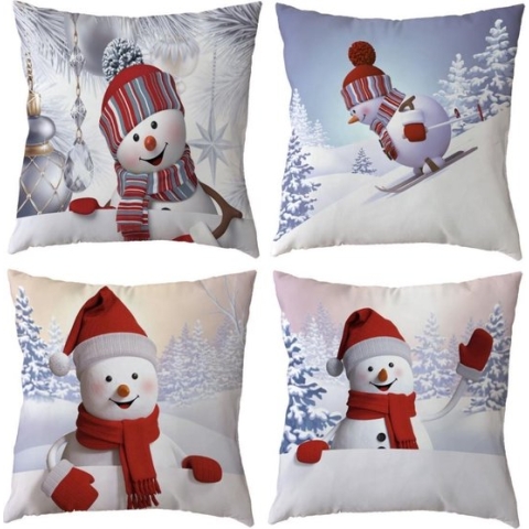 SUNMOOL Kerst Kussenhoes - Kussenhoes - Pillow cover - Sneeuwpop - 45 x 45cm - Wit - 4Stuks