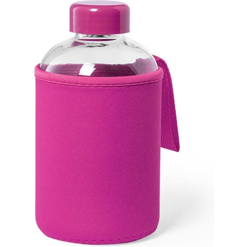 Glazen waterfles/drinkfles met fuchsia roze softshell bescherm hoes 600 ml - Sportfles - Bidon