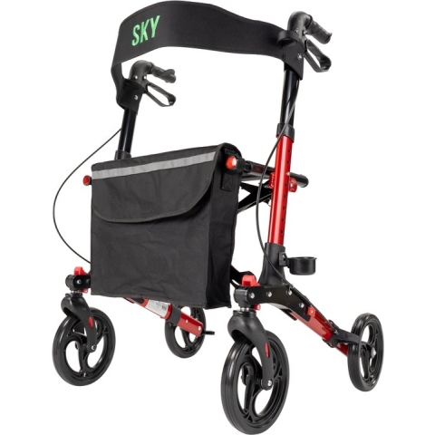 Sky - Lichtgewicht rollator - Rood - Dubbel opvouwbaar - Met stokhouder, tas en rugband