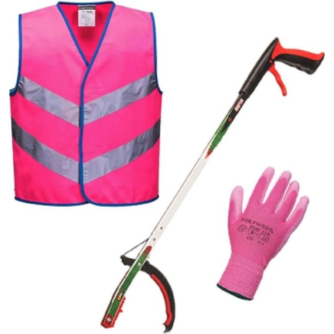 Startpakket - afvalgrijper kind - veiligheidshesje - kinderhandschoen - roze
