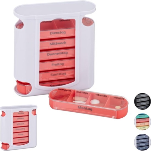 Relaxdays 2x pillendoos 7 dagen wit-rood - 4 vakken - medicijndoosje - pillendoosje