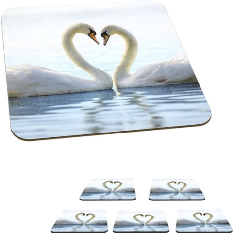 Onderzetters voor glazen - Zwanen - Hart - Koppel - 10x10 cm - Glasonderzetters - 6 stuks