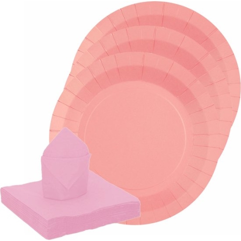 Santex feest/verjaardag servies set - 20x bordjes/25x servetten - roze - karton