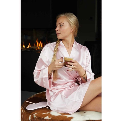Badjas kimono satijn dames -100% polyester satijn – lichtroze kamerjas - One size (36-42)