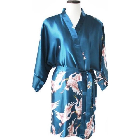 TA-HWA - Dames Kimono Kort- met Kraanvogels - Turquoise - Maat S