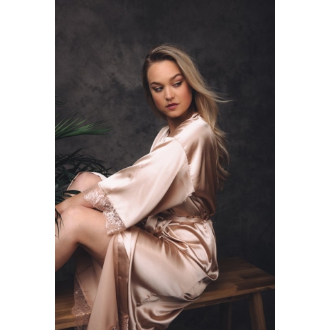 Kimono Gold satijn kant, lang model dames nachtmode kimono,luxe Kado vrouw