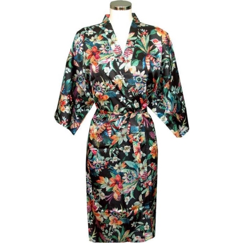 TA-HWA - Kimono Dames - Zwart - met Bloemmotief - One Size