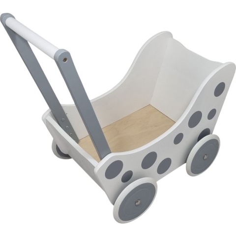 Playwood - Houten Poppenwagen wit zilver met stip met wit rubber