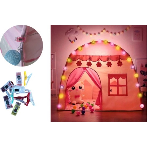 Speeltent XL met LED verlichting en Clips - Tent - Roze