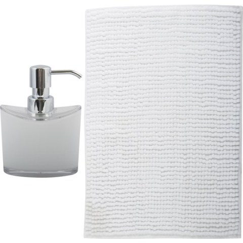 MSV badkamer droogloop mat/tapijt - Sienna - 90 x 60 cm - bijpassende kleur zeeppompje - wit