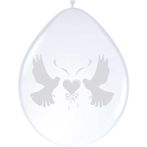 16x stuks ballonnen wit met duifjes 27 cm - Bruiloft feestartikelen/versiering