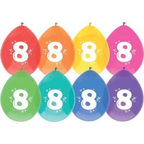 Ballonnen multicolor met opdruk "8" 30 cm 8 stuks
