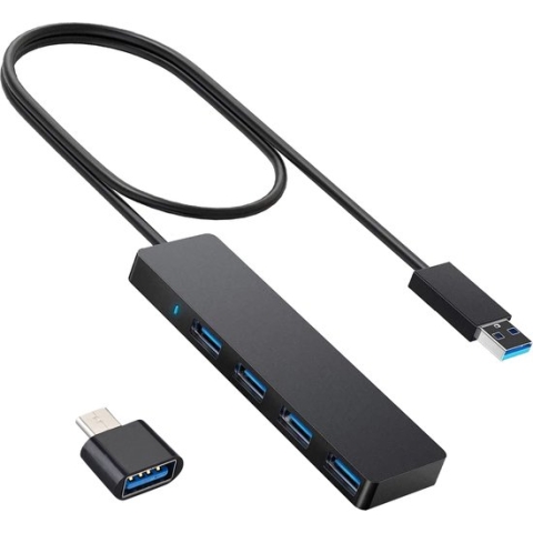 Nuvance - USB 3.0 Hub - 4 Poorten - Inclusief USB C Converter - USB Splitter - Zwart